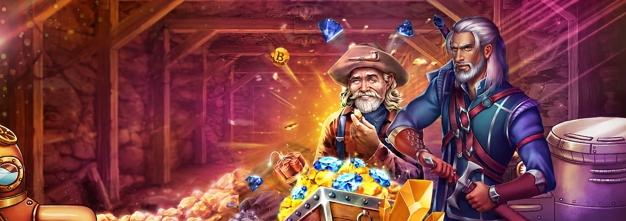 Gratowin Casino banner con cercatore d'oro e forziere di monete e diamanti in miniera, pacchetto di benvenuto fino a 3000 euro e 50 giri gratuiti Italia