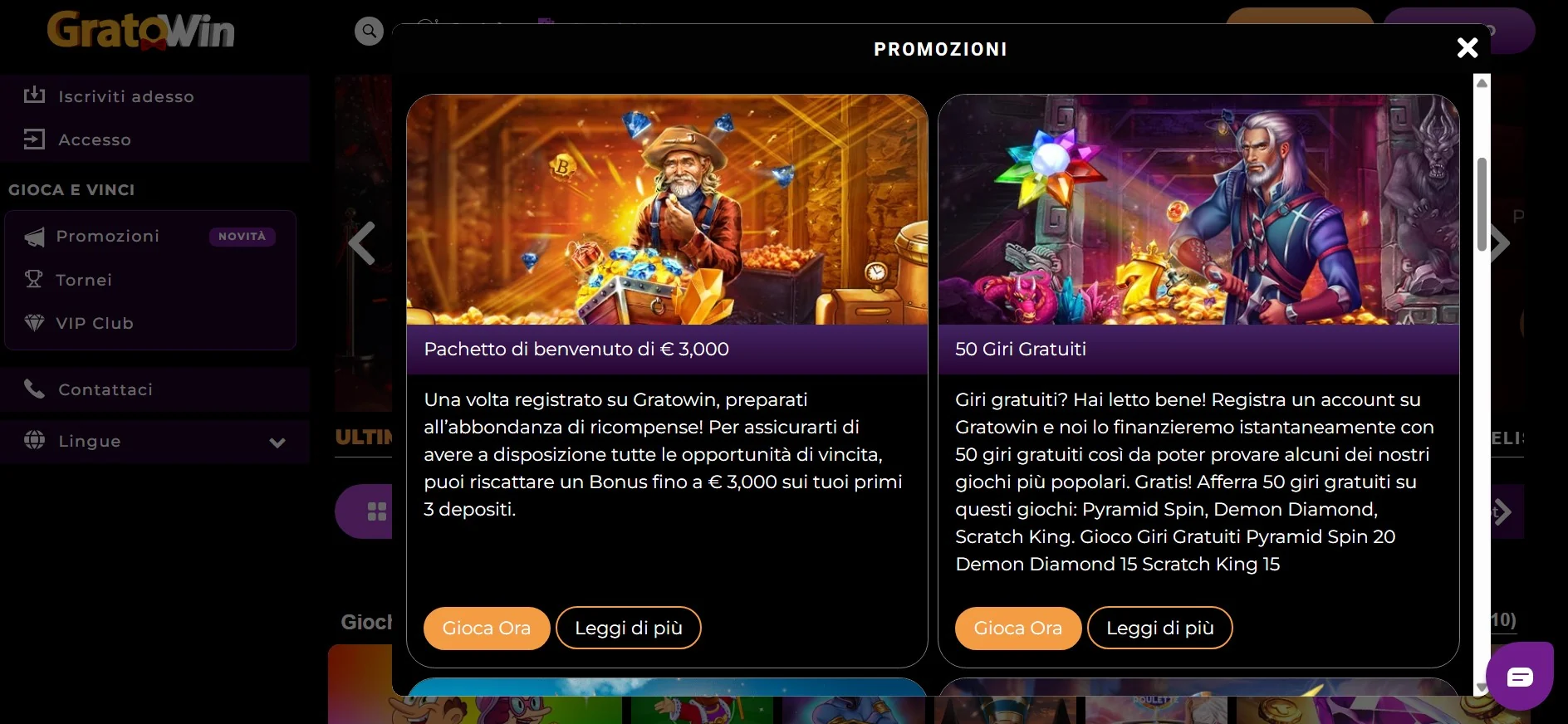 Promozioni e bonus di Gratowin Casino con giri gratis cashback e tornei per l'Italia